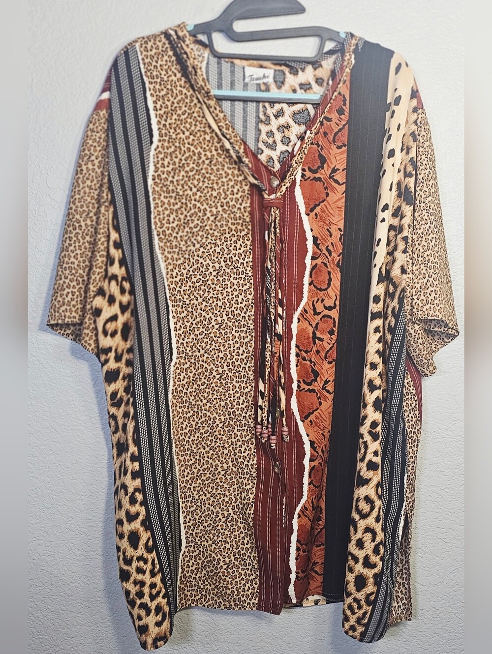 Touche Mixed Animal Print Tunic Top 2X Boho V-Neck Tie Neck Blouse